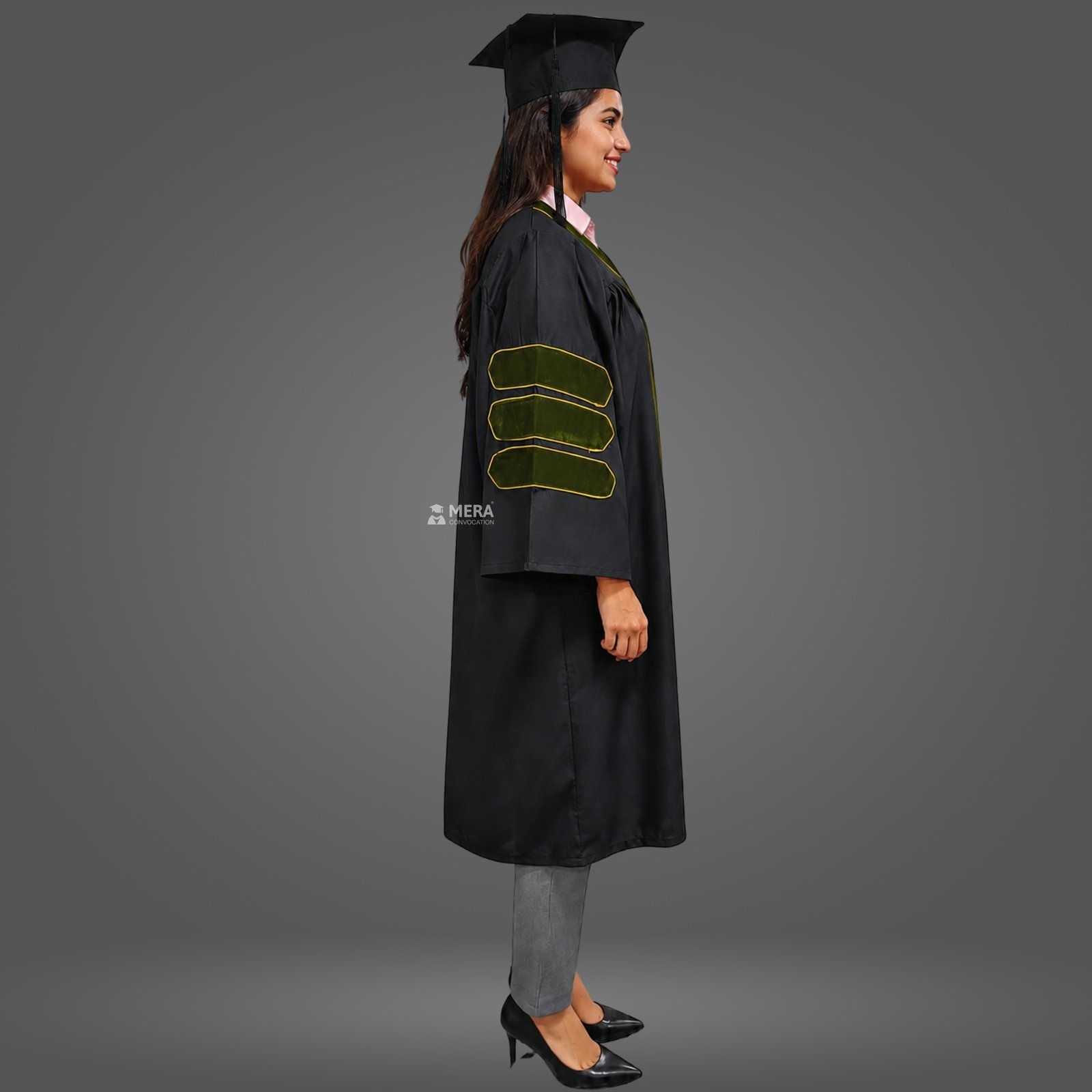 Black PhD Gown with Olive Green Border Black PhD Gown with Olive Green Border