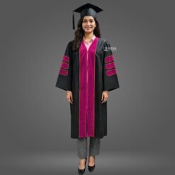 Black PhD Graduation Gown with Magenta Velvet Border
