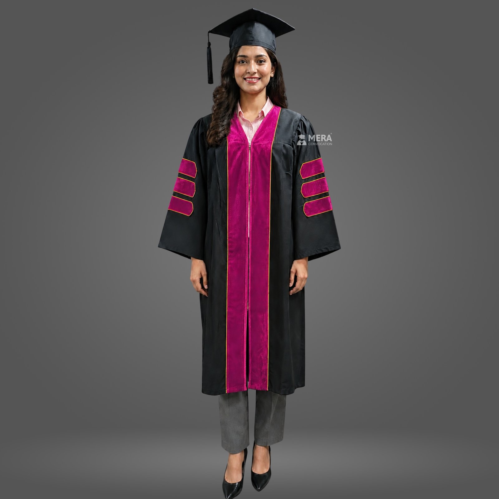 Black PhD Graduation Gown with Magenta Velvet Border Black PhD Graduation Gown with Magenta Velvet Border