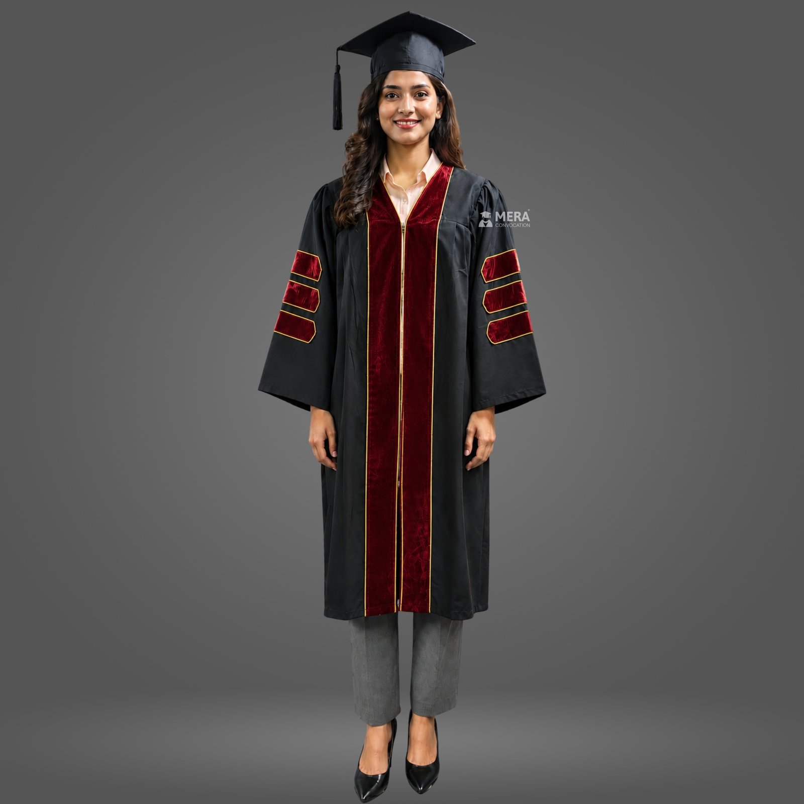 Black PhD Graduation Gown with Maroon Velvet Border Black PhD Graduation Gown with Maroon Velvet Border