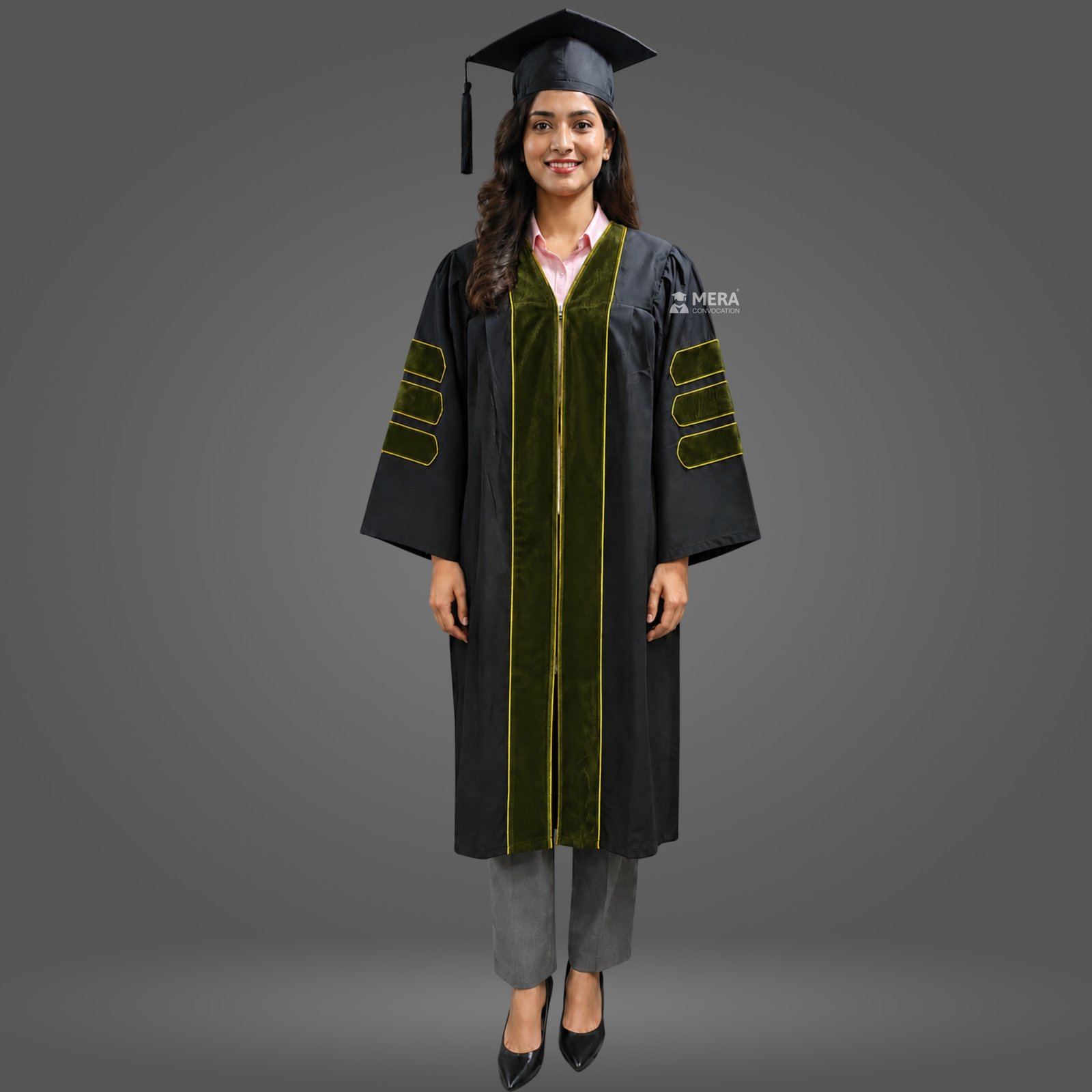 Black PhD Graduation Gown with Olive Green Velvet Border Black PhD Graduation Gown with Olive Green Velvet Border