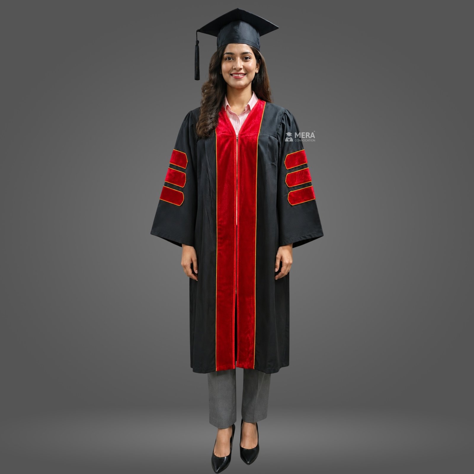 Black PhD Graduation Gown with Red Velvet Border Black PhD Graduation Gown with Red Velvet Border