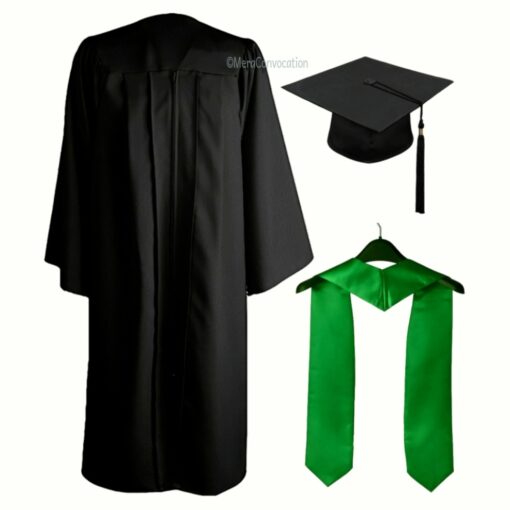 ''Black Matte Zipper Graduation Gown and Green Stole''>