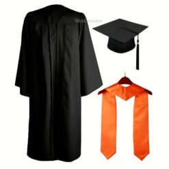 ''Black Matte Zipper Graduation Gown and Orange Stole''>