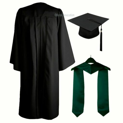 ''Black Matte Zipper Graduation Gown and Bottle Green Stole''>