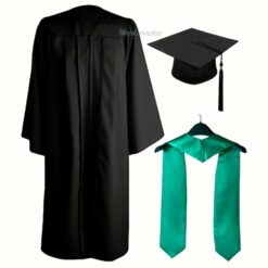 ''Black Matte Zipper Graduation Gown and Emerald Green Stole''>
