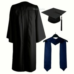 ''Black Matte Zipper Graduation Gown and Navy Blue Stole''>