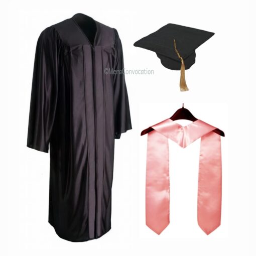 ''Black Shiny Convocation Gown and Cap with Baby Pink Stole''>