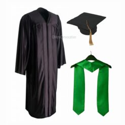 ''Black Shiny Convocation Gown and Cap with Green Stole''>