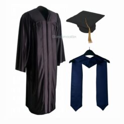 ''Black Shiny Convocation Gown and Cap with Navy Blue Stole''>