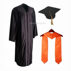 ''Black Shiny Convocation Gown and Cap with Orange Stole''>