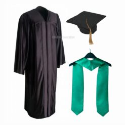 ''Black Shiny Convocation Gown and Cap with Peacock Green Stole''>