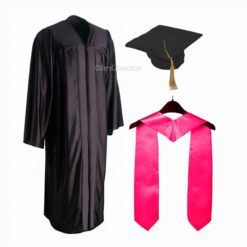 ''Black Shiny Convocation Gown and Cap with Pink Stole''>