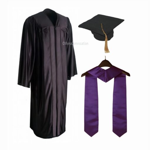 ''Black Shiny Convocation Gown and Cap with Purple Stole''>