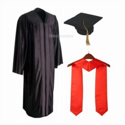 ''Black Shiny Convocation Gown and Cap with Red Stole''>