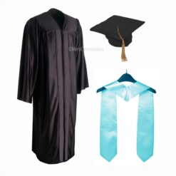 ''Black Shiny Convocation Gown and Cap with Sky Blue Stole''>
