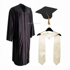 ''Black Shiny Convocation Gown and Cap with White Stole''>