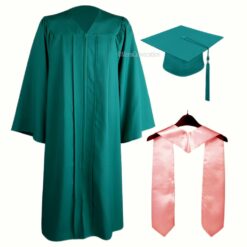 ''Emerald Green Zipper Graduation Gown with Baby Pink Stole''>