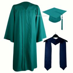 ''Emerald Green Zipper Graduation Gown with Navy Blue Stole''>