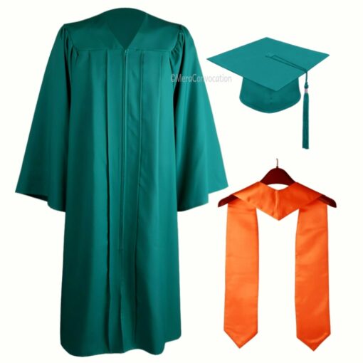 ''Emerald Green Zipper Graduation Gown with Orange Stole''>