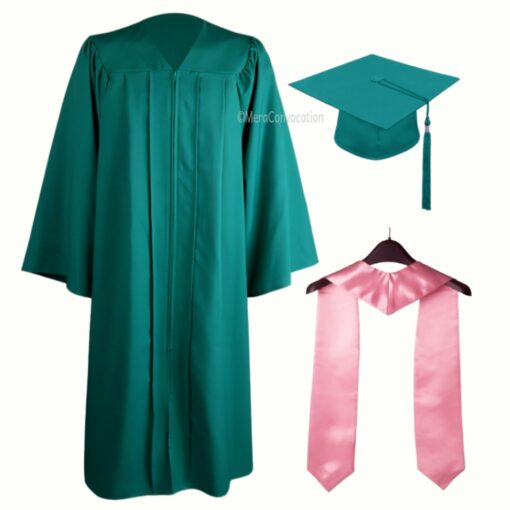 ''Emerald Green Zipper Graduation Gown with Pink Stole''>