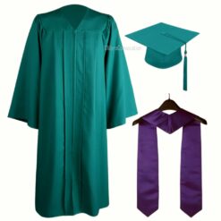 ''Emerald Green Zipper Graduation Gown with Purple Stole''>