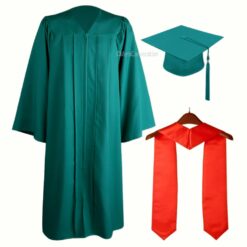 ''Emerald Green Zipper Graduation Gown with Red Stole''>