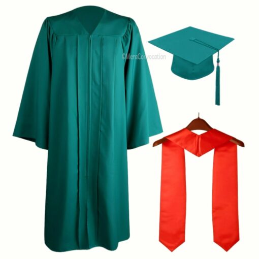 ''Emerald Green Zipper Graduation Gown with Red Stole''>