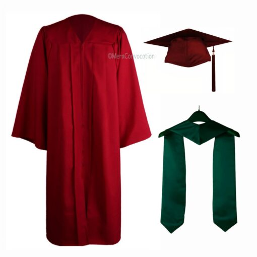 ''Maroon Matte Graduation Gown and Dark Green Stole''>