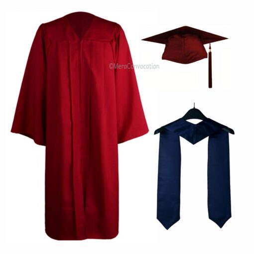 ''Maroon Matte Graduation Gown and Navy Blue Stole''>