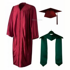''Maroon Shiny Convocation Gown and Cap with Dark Green Stole''>