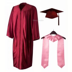 ''Maroon Shiny Convocation Gown and Cap with Light Pink Stole''>
