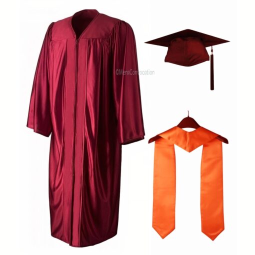 ''Maroon Shiny Convocation Gown and Cap with Orange Stole''>