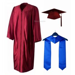 ''Maroon Shiny Convocation Gown and Cap with Royal Blue Stole''>