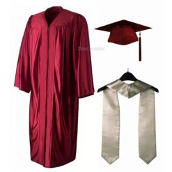 ''Maroon Shiny Convocation Gown and Cap with Silver Stole''>