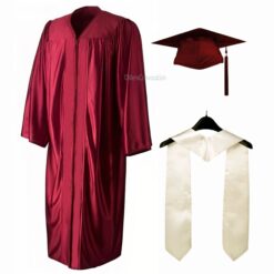 ''Maroon Shiny Convocation Gown and Cap with White Stole''>