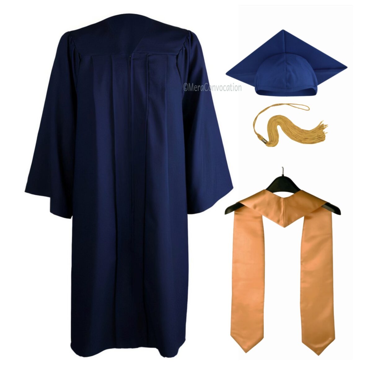 Navy Blue Graduation Gown and Cap with Golden Stole – Mera Convocation
