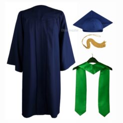 ''Navy Blue Matte Graduation Gown with Green Stole''>