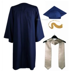 ''Navy Blue Matte Graduation Gown with Silver Stole''>