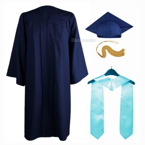 ''Navy Blue Matte Graduation Gown with Sky Blue Stole''>