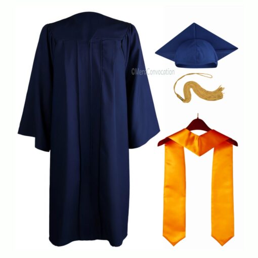 ''Navy Blue Matte Graduation Gown with Yellow Stole''>