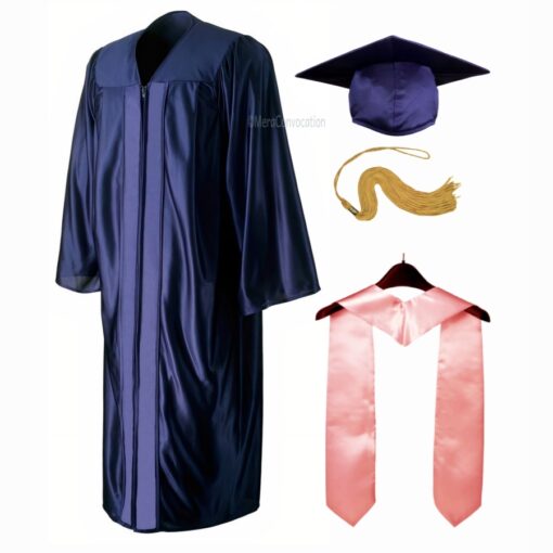 ''Navy Blue Shiny Convocation Gown and Cap with Baby Pink Stole''>