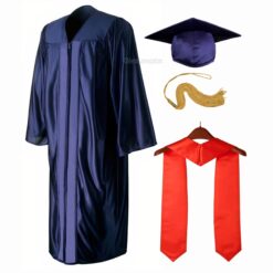 ''Navy Blue Shiny Graduation Gown and Cap with Red Stole''>