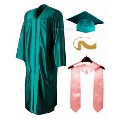 ''Peacock Green Shiny Convocation Gown and Cap with Baby Pink Stole''>
