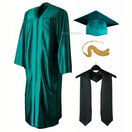 ''Peacock Green Shiny Convocation Gown and Cap with Black Stole''>