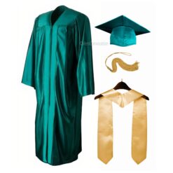 ''Peacock Green Shiny Convocation Gown and Cap with Cream Stole''>