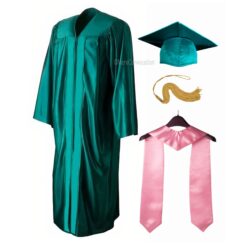 ''Peacock Green Shiny Convocation Gown and Cap with Light Pink Stole''>