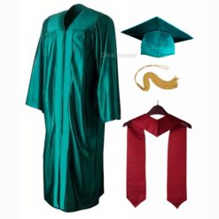 ''Peacock Green Shiny Convocation Gown and Cap with Maroon Stole''>