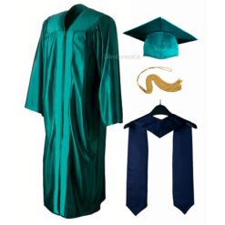 ''Peacock Green Shiny Convocation Gown and Cap with Navy Blue Stole''>