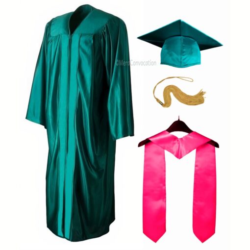 ''Peacock Green Shiny Convocation Gown and Cap with Pink Stole''>